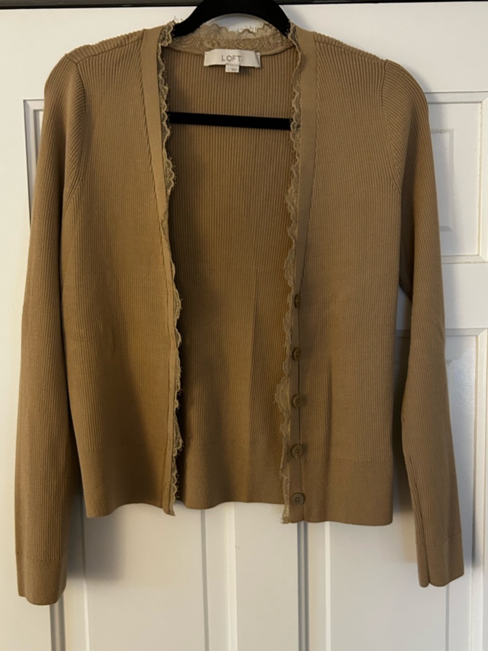 LOFT Tan Lace Scallop-Edge Ribbed Button Cardigan